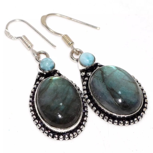 Labradorite and Larimar silver earrings - Picture 3 of 4